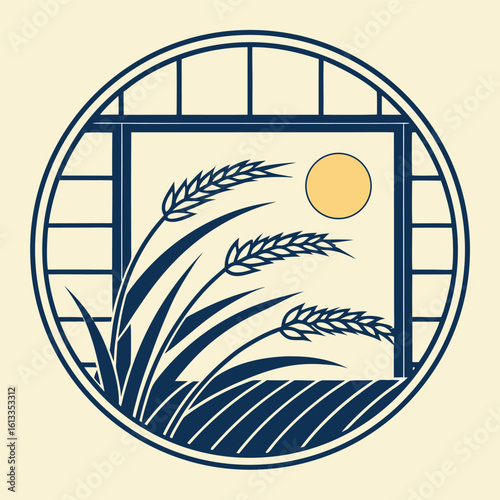 Stylized blue wheat stems stand before a full yellow moon in circular frame