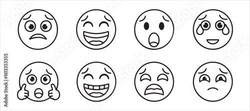 A vector drawing featuring a collection of adorable and cartoonish line art emojis

