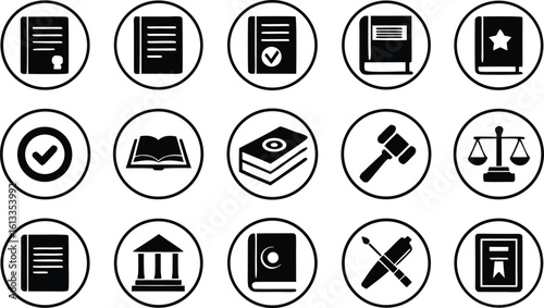 Legal icons document book gavel scales courthouse pen certificate vector