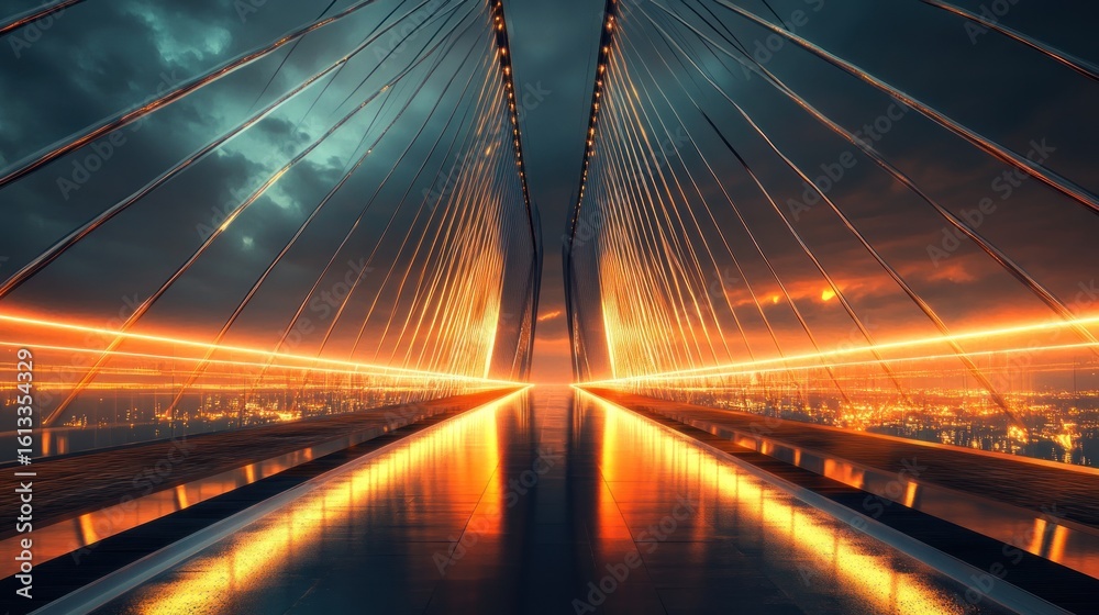 Obraz premium Futuristic bridge at sunset over city.