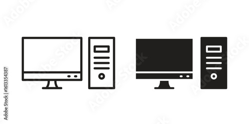 Desktop computer icon vector in thin line and flat style with editable stroke