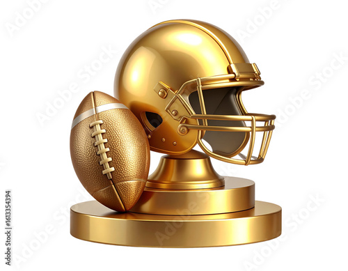 A - Premium Sport Gear Illustration with Golden Football Helmet and Ball on Elegant Podium, Vector Design for Championship Concepts.