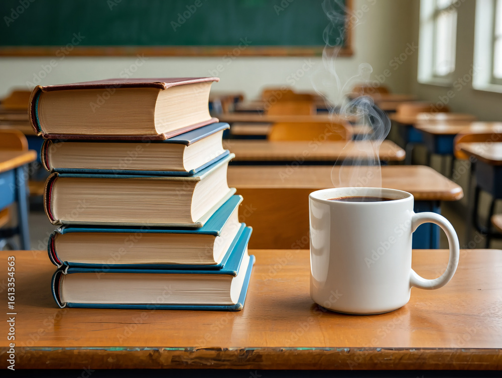 Naklejka premium A stack of books and a steaming mug of coffee on a desk in a classroom