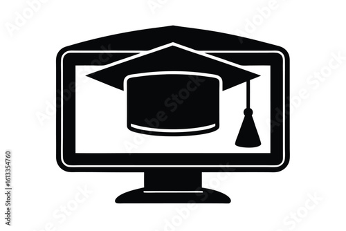 Vector art of a computer monitor displaying a graduation cap, symbolizing online education