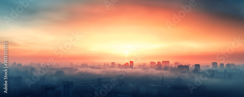 PM 2.5 smog for environment concept. Vibrant city skyline at sunrise with fog enveloping the buildings.