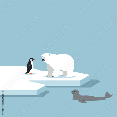 Arctic animals on ice in minimalist vector style with blue background, cover for children's notebooks