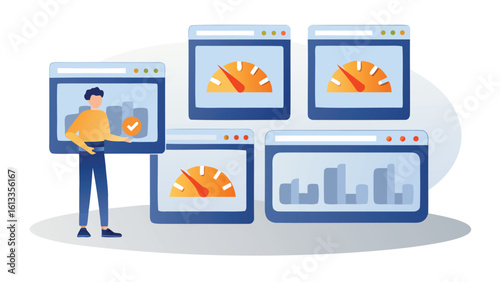 Man presenting a dashboard with performance metrics and data analysis on multiple browser windows display