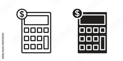Calculator and dollar icon vector in thin line and flat style with editable stroke