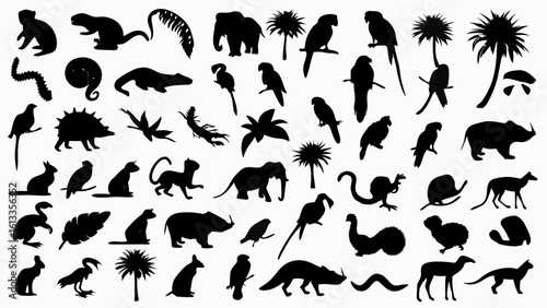 Silhouette collection of various animals and plants in black and white vector illustration art