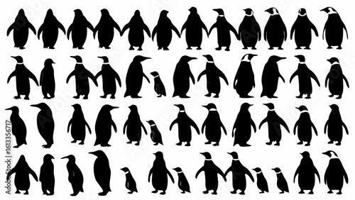 Silhouette illustration of a large group of penguins in various poses and sizes on a white background