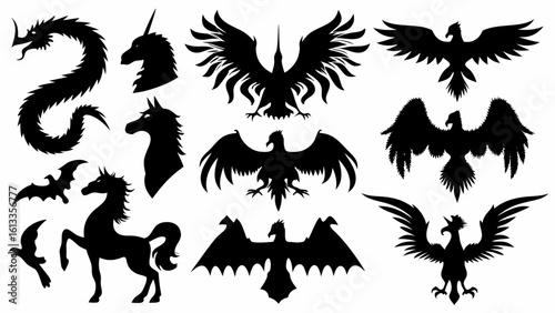 Collection of silhouette mythical creatures including dragons unicorns and various types of birds
