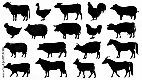 Silhouette depictions of farm animals including cows horses chickens and goats in a group setting