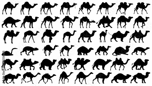 Silhouette illustration showcasing a multitude of camels in various poses against a white background