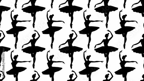 Seamless pattern of black silhouette ballerinas in various poses against a white background creating repetition