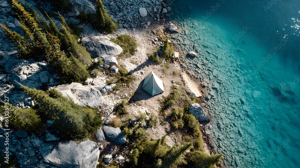 Obraz premium Top down view of solo camping tent beside turquoise mountain lake crystal clear water reflecting sky peak rocky terrain scattered pine tree serene remote alpine landscape detailed fabric fold shadow