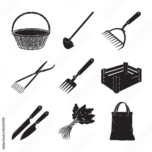 Collection of nine black silhouette garden and farming tools and items isolated on white background
