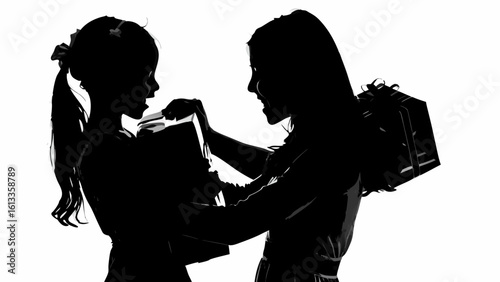 Two girls in silhouette exchanging gifts with one girl holding a gift behind her back in black and white