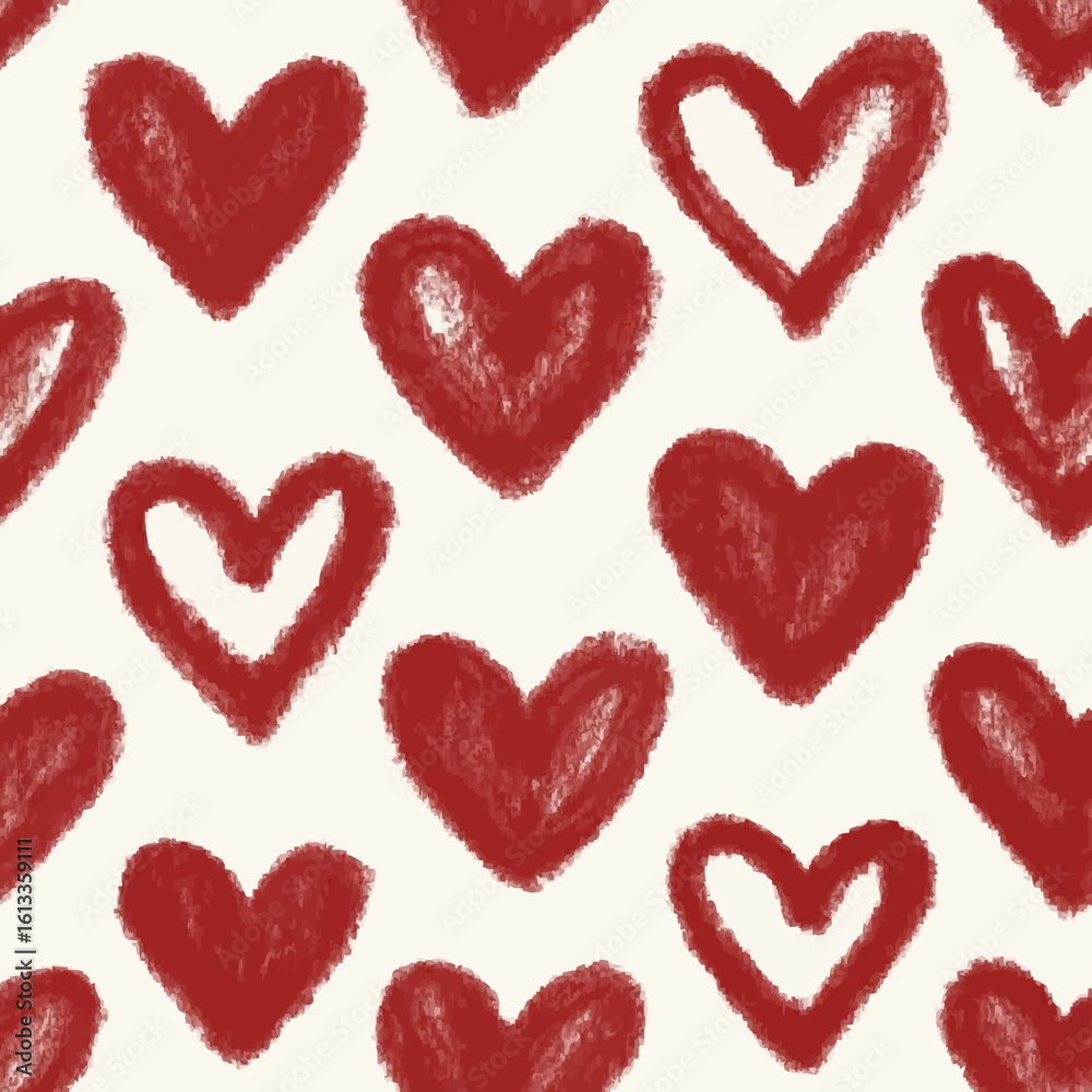 Fototapeta premium A seamless pattern of hand-drawn red hearts with a textured, crayon-like appearance.