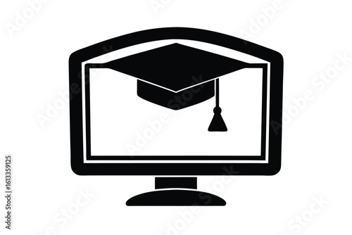Vector art of a black silhouette of a computer monitor displaying a graduation cap, isolated on white