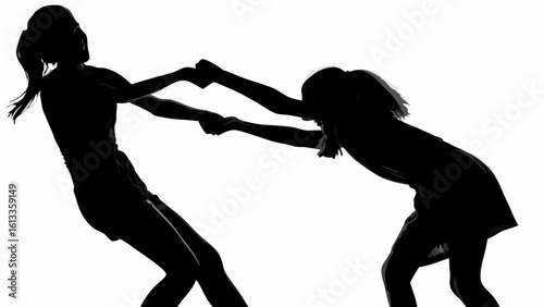 Silhouette of two girls pulling each other with hands in a playful tug of war game on a white background