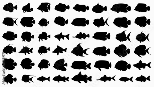 Collection of various fish silhouettes showcasing different shapes and sizes in a monochrome design