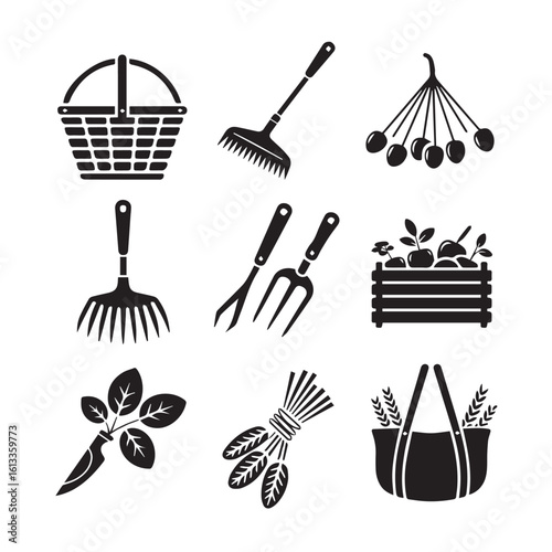 Collection of nine black silhouette icons representing gardening and harvest tools and produce isolated on white background