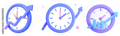 Clock arrow growth time and chart icons in pastel blue and purple colors symbolize productivity progress and business success in modern minimal style