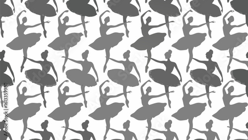 Seamless pattern of gray ballerina silhouettes in various poses on a white background creating a repeat design