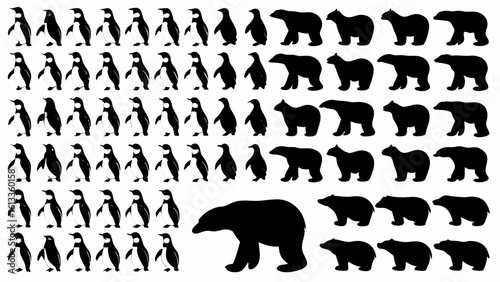 Silhouette illustration featuring multiple penguins and polar bears arranged in rows and columns