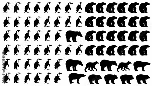 Silhouette pattern of penguins and polar bears arranged in a grid formation on white background