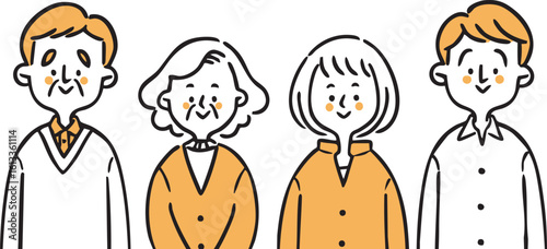 様々な年代の夫婦のイラスト　上半身　ベクター（オレンジ）
