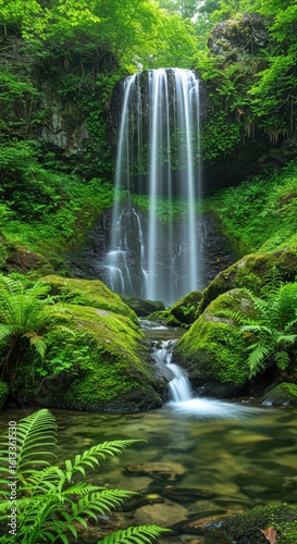 A vertical view of a waterfall cascading down rocks covered in moss surrounded by lush green foliage