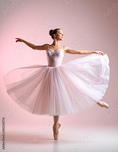 Ballerina in graceful pose against a soft pink backdrop