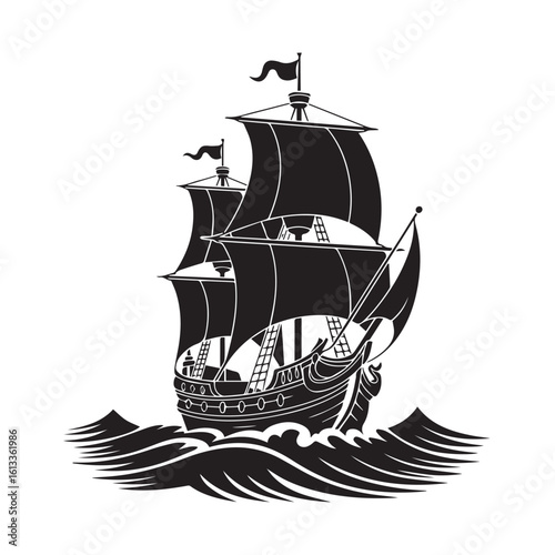 Detailed black silhouette of a majestic tall ship with full sails navigating through choppy waves isolated on white background