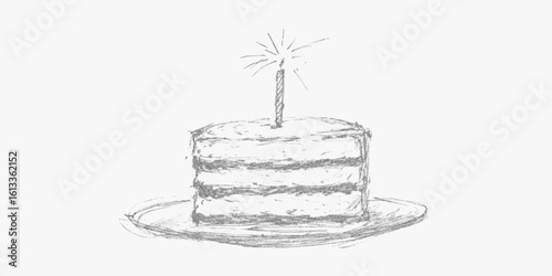 Cake with a candle on top. Simple stipple sketch with noisy halftone dots, rough photocopy texture and strong threshold contrast for retro vibes.