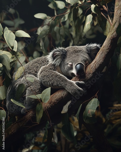 A cute koala peacefully sleeping on a eucalyptus tree branch, surrounded by lush green leaves.