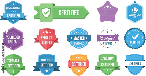 Collection of colorful badges and labels with checkmarks and ribbons