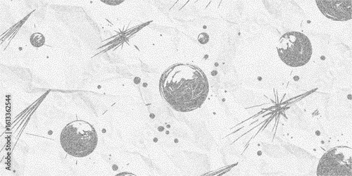 Galaxy with stars and planets. Clean stipple sketch, noisy halftone shading, faded photocopy paper effect and bold threshold lines, print style.
