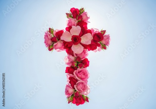 A beautiful cross crafted from vibrant pink and red roses stands against a clear blue sky, symbolizing faith and love