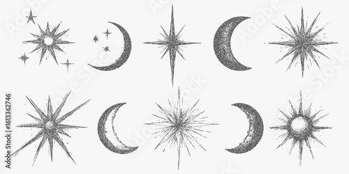 Set crescent moons and stars. Simple stipple artwork with gritty halftone dots, photocopy print feel and threshold definition.