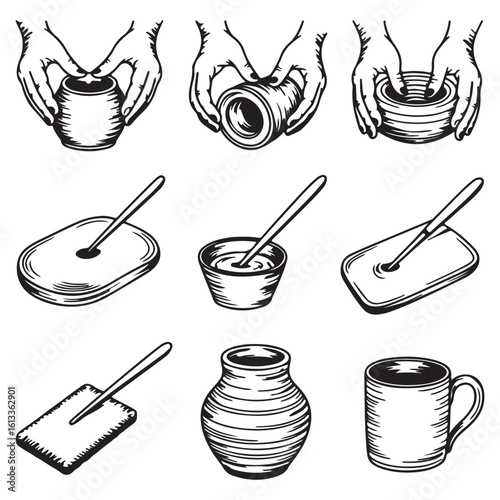 Handcrafted pottery making process stages showing clay shaping and tools in a sketchy silhouette style isolated on white background