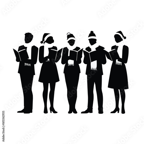 Silhouette of carolers singing with songbooks, scarf and hat