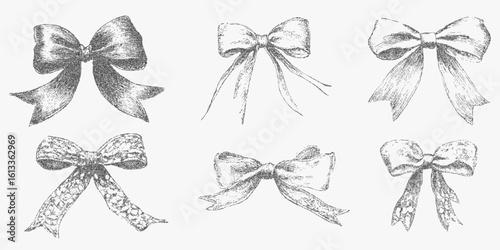 Set of bows, stipple sketch with rough halftone dot texture, photocopy paper grain and threshold for retro mood.