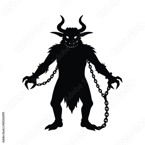 Silhouette of Krampus character with horns and chains, eerie yet classic folklore Christmas figure