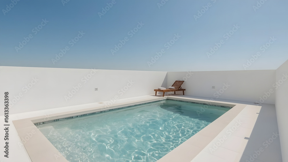 Fototapeta premium A pristine, white-walled rooftop pool scene with a lounge chair under a clear, blue sky.