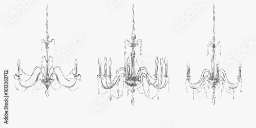 Three chandeliers in a black. Rough stipple artwork, layered with halftone grain and black threshold print effect.