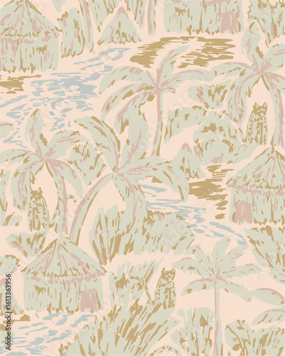 Retro seamless tropical island pattern on light beige ocean background. Landscape with palm trees,beach and ocean vector hand drawn style.Design for fashion,fabric,web,wallaper,wrapping