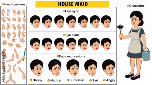 Cartoon vector Beautiful house maid woman, house keeper model sheet including eyes blink, lip sync, face expressions and hands gestures