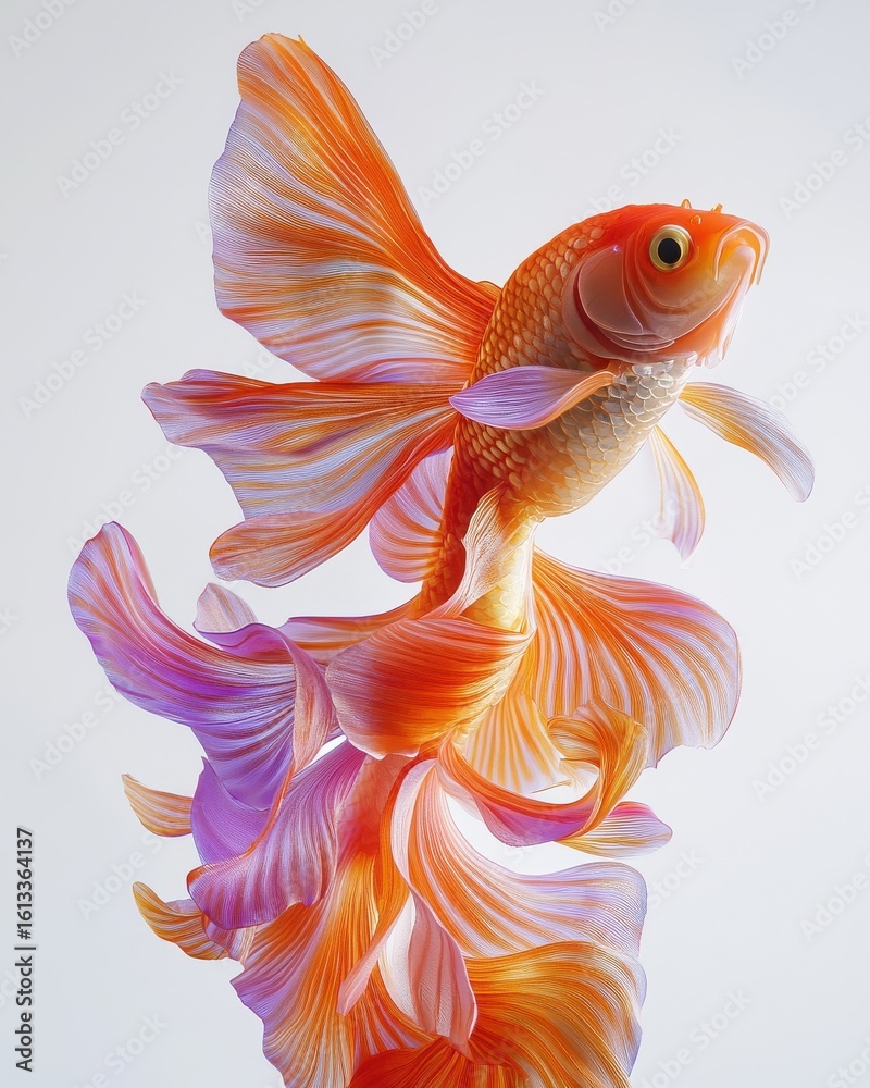 Fototapeta premium A stunning goldfish with flowing fins in vibrant orange and pink hues, captured in a graceful upward motion.
