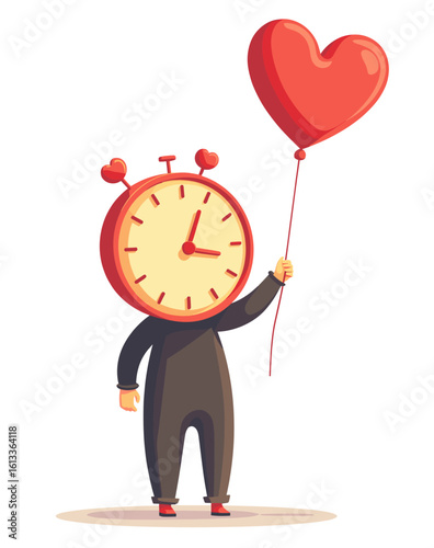 Clockhead character holding red heart balloon